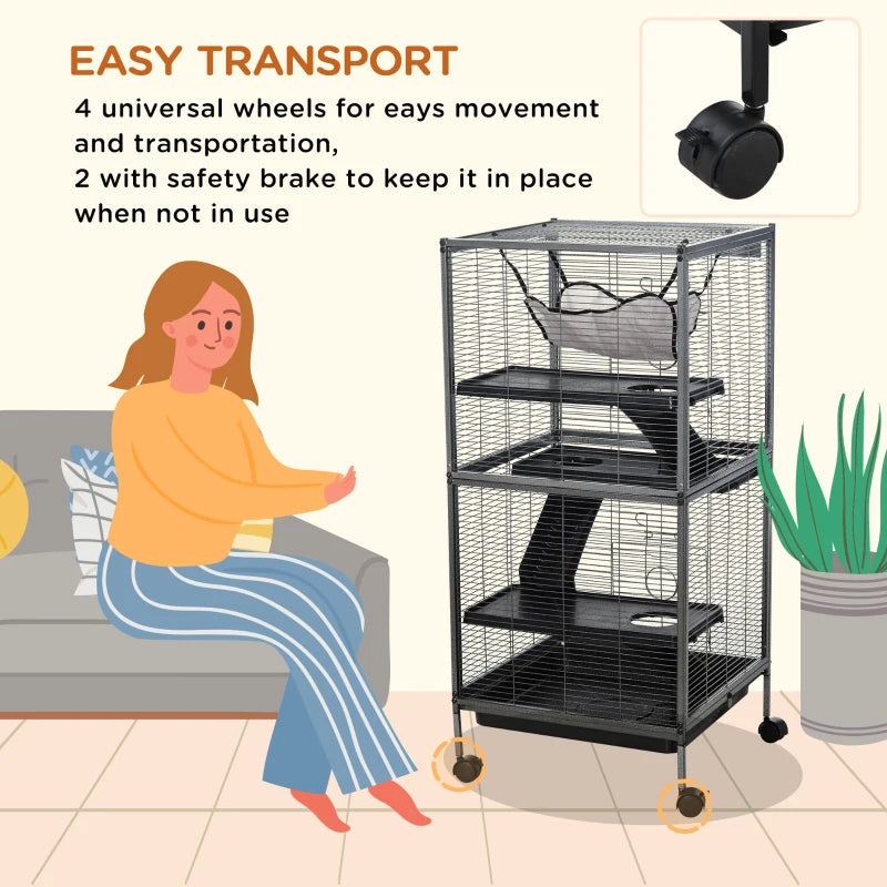 HKM-8589885 Metal Small Animal Cage with 4 Tiers, Removable Tray, Rolling Design, Hammock Included, for Ferrets, Chinchillas, and Sugar Gliders