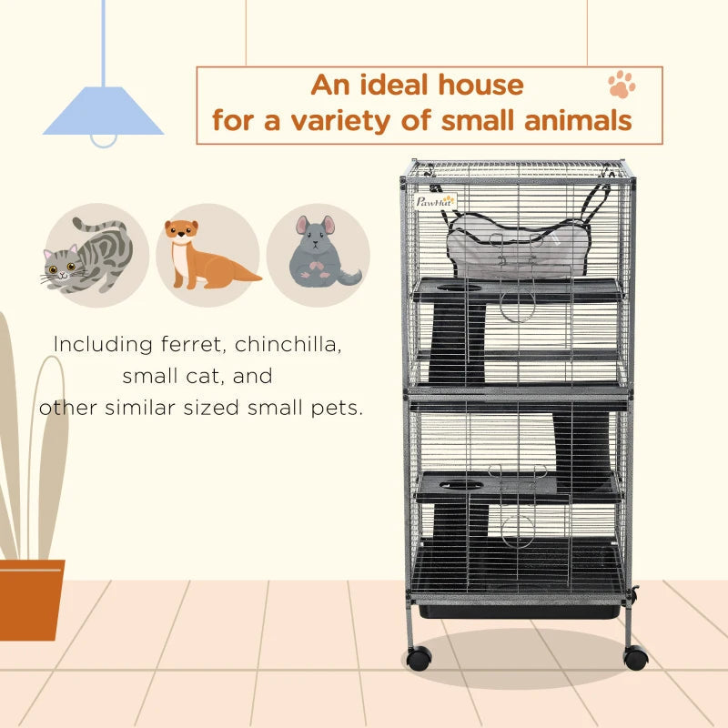 HKM-8589885 Metal Small Animal Cage with 4 Tiers, Removable Tray, Rolling Design, Hammock Included, for Ferrets, Chinchillas, and Sugar Gliders
