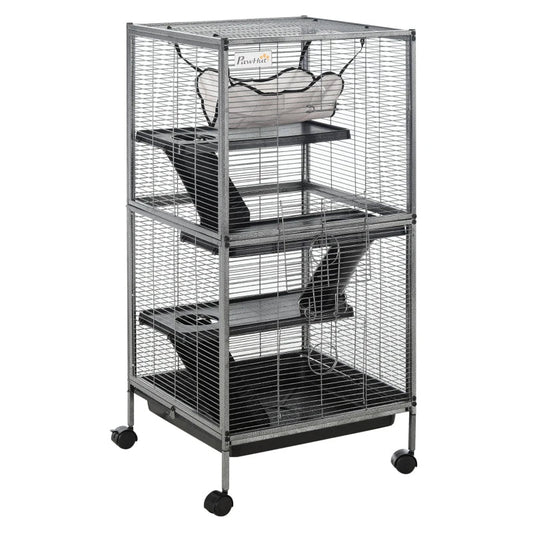 HKM-8589885 Metal Small Animal Cage with 4 Tiers, Removable Tray, Rolling Design, Hammock Included, for Ferrets, Chinchillas, and Sugar Gliders