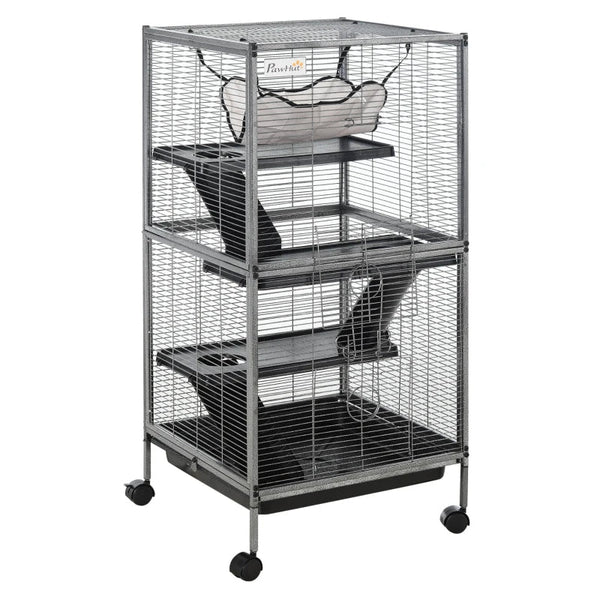 HKM-8589885 Metal Small Animal Cage with 4 Tiers, Removable Tray, Rolling Design, Hammock Included, for Ferrets, Chinchillas, and Sugar Gliders
