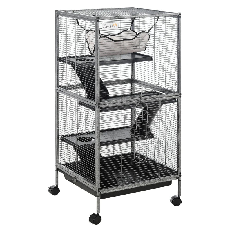 HKM-8589885 Metal Small Animal Cage with 4 Tiers, Removable Tray, Rolling Design, Hammock Included, for Ferrets, Chinchillas, and Sugar Gliders
