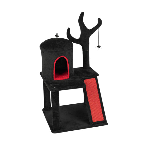 HKM-8591677 Gothic Cat Tree with Spacious Condo, Branch-Shaped Scratching Post, and Spider Toy in Red & Black