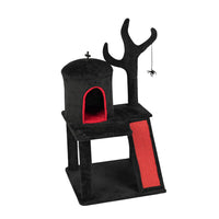 HKM-8591677 Gothic Cat Tree with Spacious Condo, Branch-Shaped Scratching Post, and Spider Toy in Red & Black