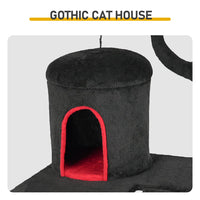 HKM-8591677 Gothic Cat Tree with Spacious Condo, Branch-Shaped Scratching Post, and Spider Toy in Red & Black