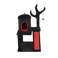 HKM-8591677 Gothic Cat Tree with Spacious Condo, Branch-Shaped Scratching Post, and Spider Toy in Red & Black