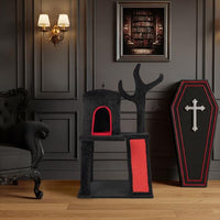 HKM-8591677 Gothic Cat Tree with Spacious Condo, Branch-Shaped Scratching Post, and Spider Toy in Red & Black