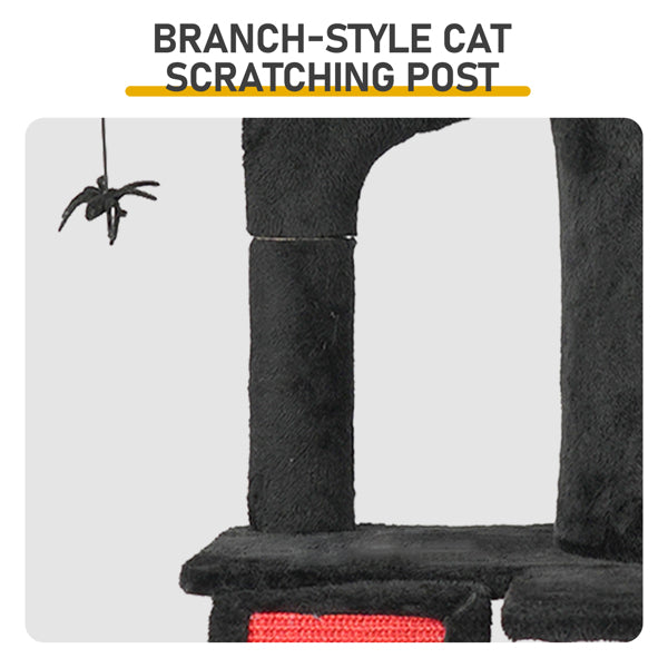 HKM-8591677 Gothic Cat Tree with Spacious Condo, Branch-Shaped Scratching Post, and Spider Toy in Red & Black