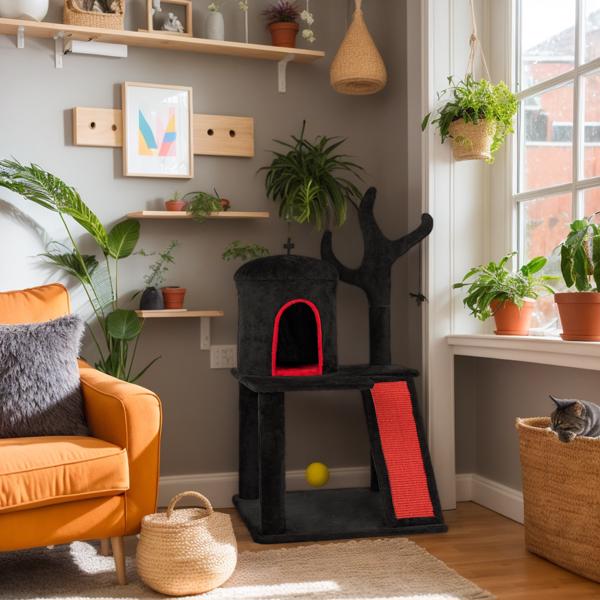 HKM-8591677 Gothic Cat Tree with Spacious Condo, Branch-Shaped Scratching Post, and Spider Toy in Red & Black