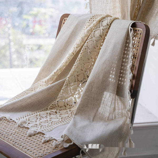 HKM-859219 Short Crochet Partition Curtain with Plaid Stitching - Half Shade Polyester Cotton Decor