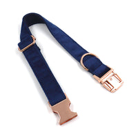 HKM-8593981 Navy Blue Velvet Dog Collar with Rose Gold Buckle - XS to XL Sizes Available