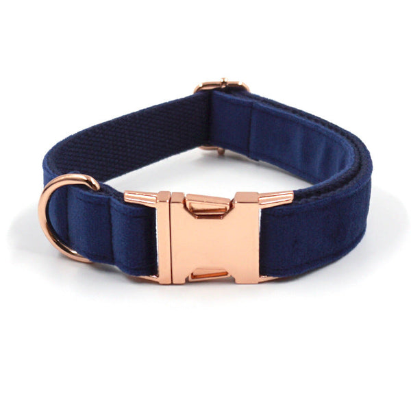 HKM-8593981 Navy Blue Velvet Dog Collar with Rose Gold Buckle - XS to XL Sizes Available