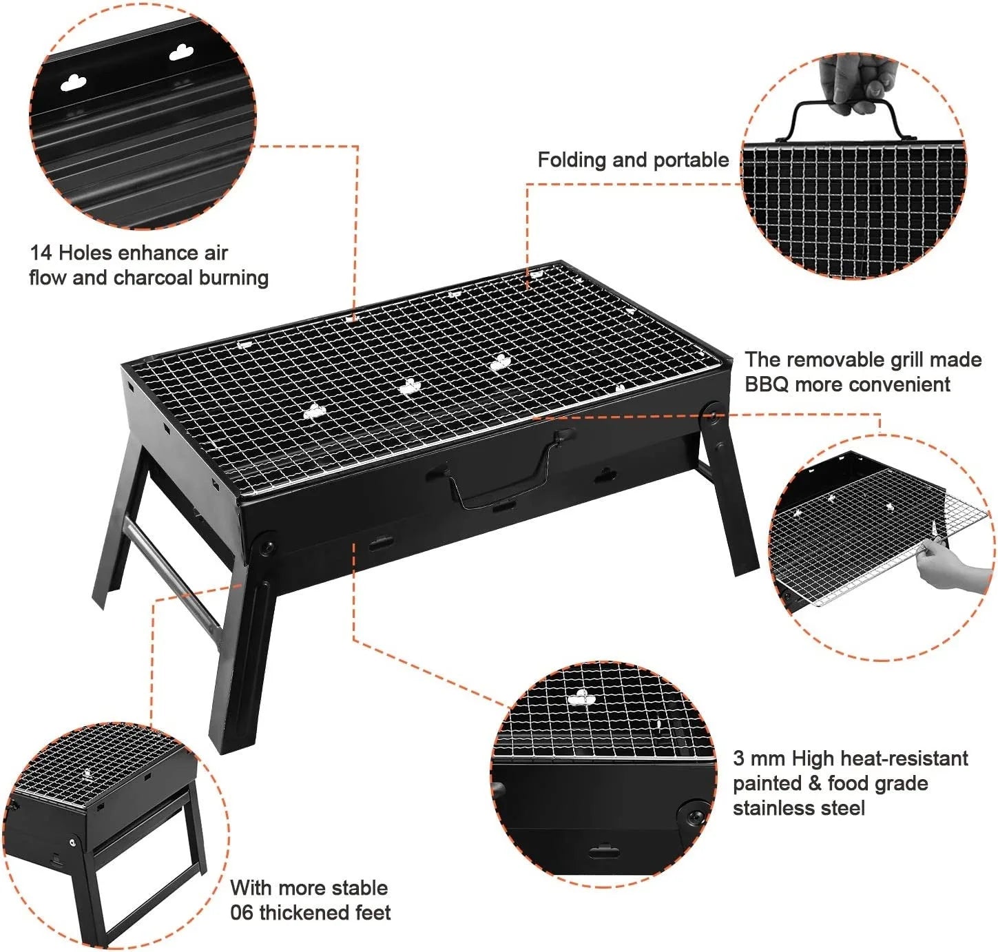 HKM-860179 Portable Single-Burner Stainless Steel Charcoal Grill for Indoor and Outdoor Use, Ideal for Camping and Picnics