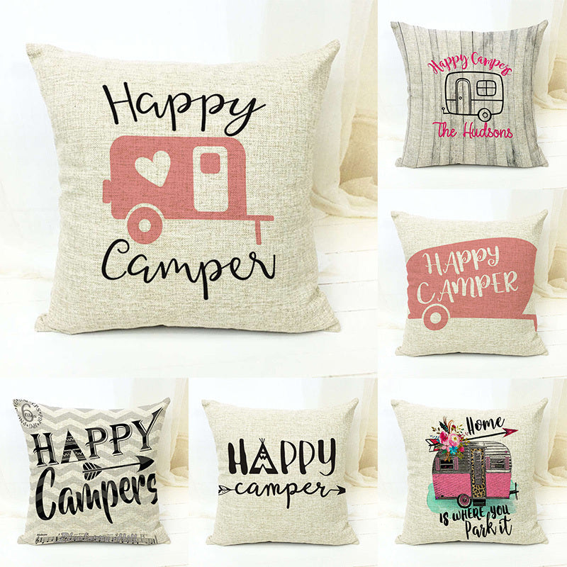 HKM-860371 Square Camping Cushion Cover - Linen/Cotton Print, 45x45CM