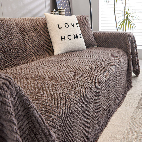 HKM-860819 Thick Plush Velvet Sofa Cover - Herringbone Pattern in Milky White, Milky Yellow, Matcha Green, and Oat Gray