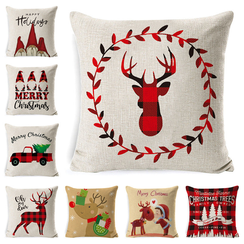 HKM-861267 Christmas Floral Linen Pillow Cover, Soft Plush Cushion with Tassels, 45x45cm