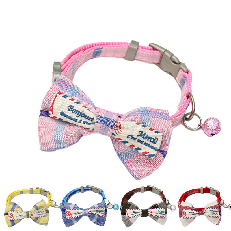 HKM-8615869 Plaid Bow Collar Necklace for Pets in Pink, Brown, Red, Yellow, and Sky Blue