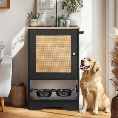 HKM-861971 Pet Feeding Station with Storage, 2 Elevated Bowls, Side Hooks, Anti-Tip Design, Black and Vintage Finish