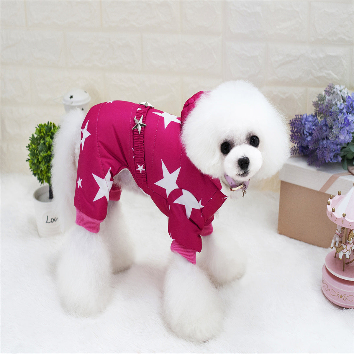 HKM-8623421 Cotton-Padded Starry Four-Leg Dog Clothes for Autumn and Winter - Blue, Red, Rose