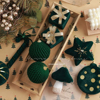 HKM-863251 Dark Green Flocking Christmas Ball Ornaments - Decorative Tree Pendant Set 9 Pack