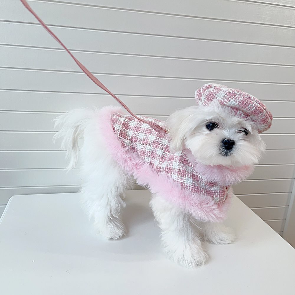 HKM-8635069 Pink Cloak Style Pet Cape with Beret and Drawstring for Cats