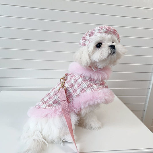 HKM-8635069 Pink Cloak Style Pet Cape with Beret and Drawstring for Cats