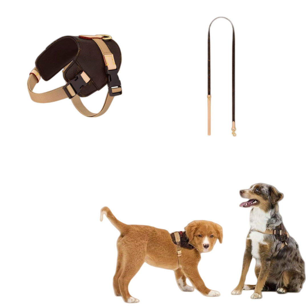 HKM-8639549 Coffee Floral Leather Pet Harness - Size S & M, Adjustable for All Seasons