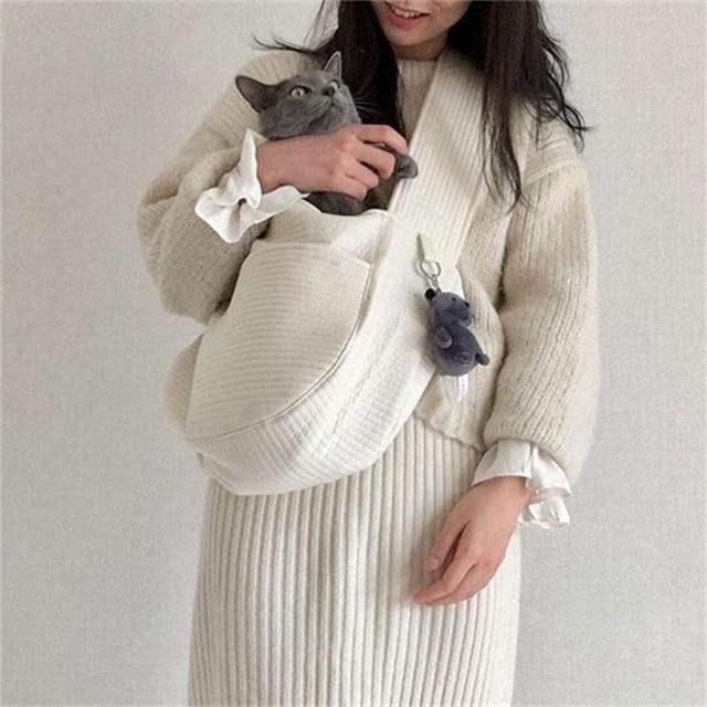HKM-8642493 Pet Travel Backpack for Cats - White Canvas Crossbody Carrier