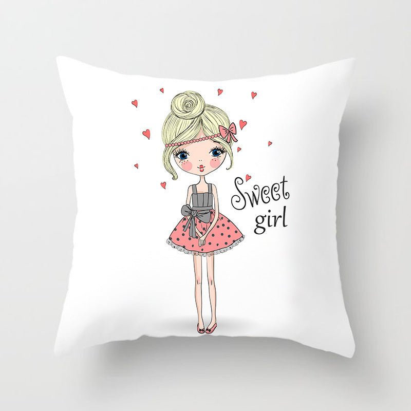 HKM-864339 Cartoon Pretty Girl Pillow Cushion Cover in Peach Skin – 45x45cm, Multiple Colors Available