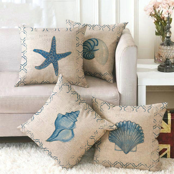 HKM-864403 Blue Wind Sea Life Cartoon Linen Pillowcase, 45x45cm, Ideal for Living Room, Bedroom, and Children's Room