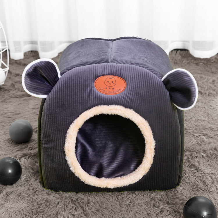 HKM-8644285 Cute Cat Ears Cozy Nest for Pets - Soft Corduroy Arctic Velvet, Small Size 32x32cm
