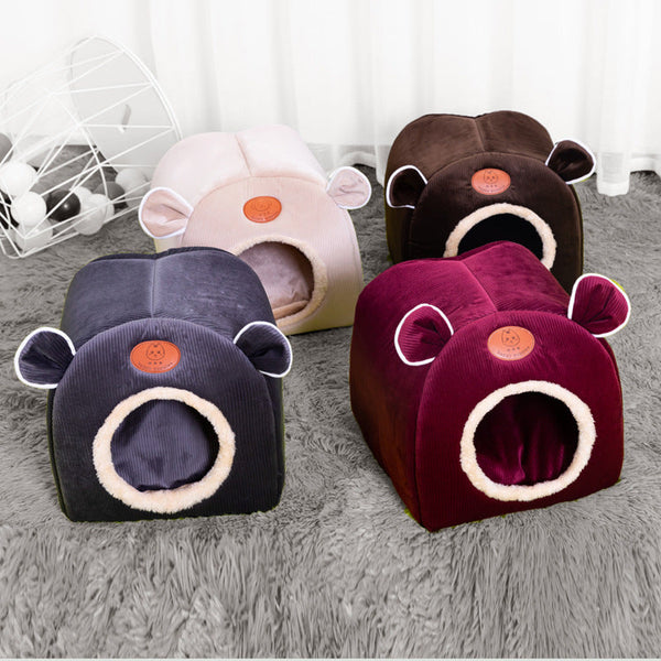 HKM-8644285 Cute Cat Ears Cozy Nest for Pets - Soft Corduroy Arctic Velvet, Small Size 32x32cm