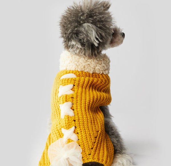 HKM-8648253 Cozy Morandi Bowknot Sweater for Cats and Dogs in Yellow or White
