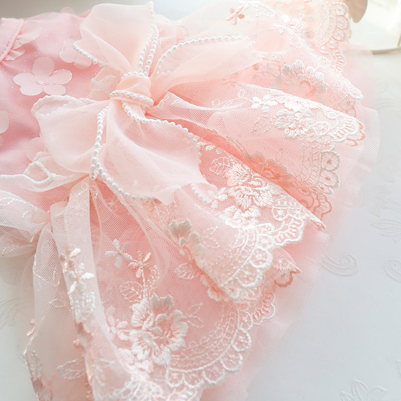 HKM-8652349 Fluffy Princess Skirt for Dogs in White and Pink Cotton, Sizes XS to XL