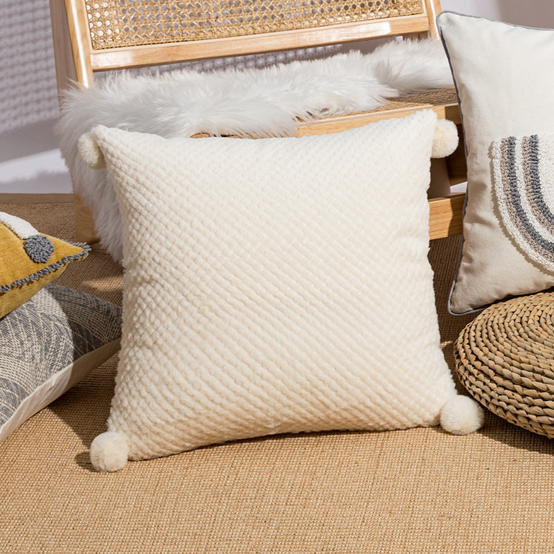 HKM-865235 Loop Velvet Geometric Pattern Pillow Cover with Four Fur Balls, 45x45cm and 30x50cm Options