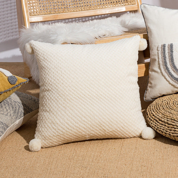 HKM-865235 Loop Velvet Geometric Pattern Pillow Cover with Four Fur Balls, 45x45cm and 30x50cm Options