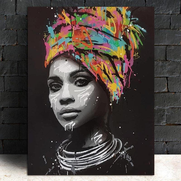 HKM-865427 Hand-Painted Canvas Art - Turban-Wearing African Woman in Vibrant Colors