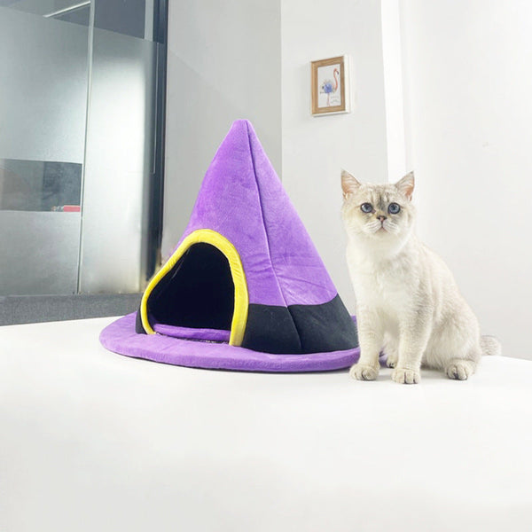 HKM-8655037 Purple Halloween Witch Hat Cat Nest - Cozy Cloth Bed for Cats, 60 x 46 cm