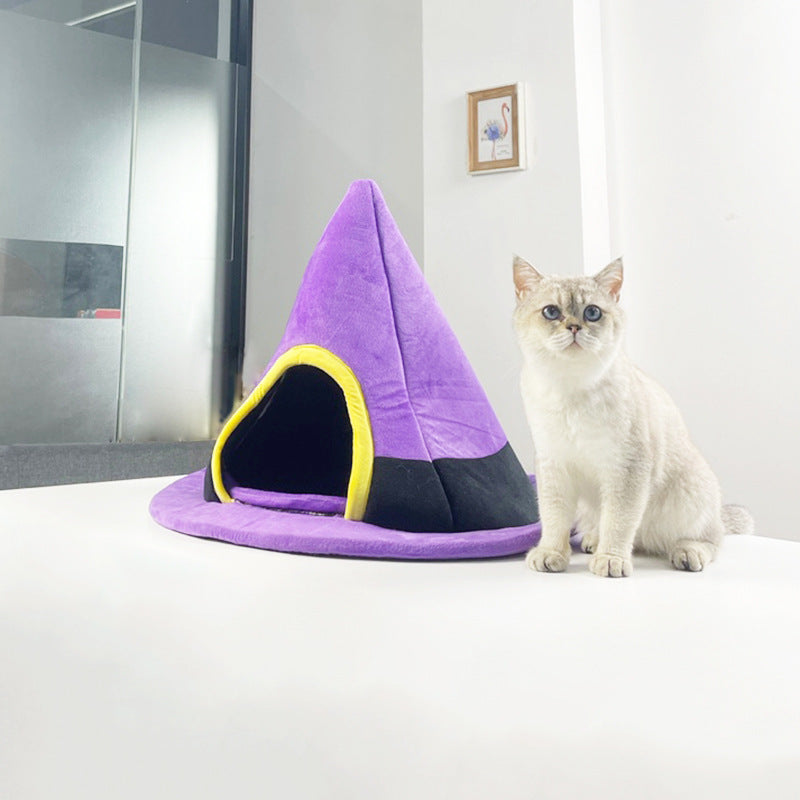 HKM-8655037 Purple Halloween Witch Hat Cat Nest - Cozy Cloth Bed for Cats, 60 x 46 cm