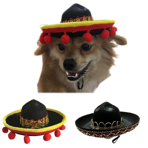 HKM-8655933 Mexican Style Pet Hat with Red Ball and Brown Lace - Seasonal Cloth Cap for Dogs