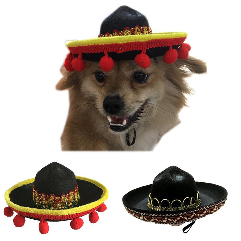 HKM-8655933 Mexican Style Pet Hat with Red Ball and Brown Lace - Seasonal Cloth Cap for Dogs