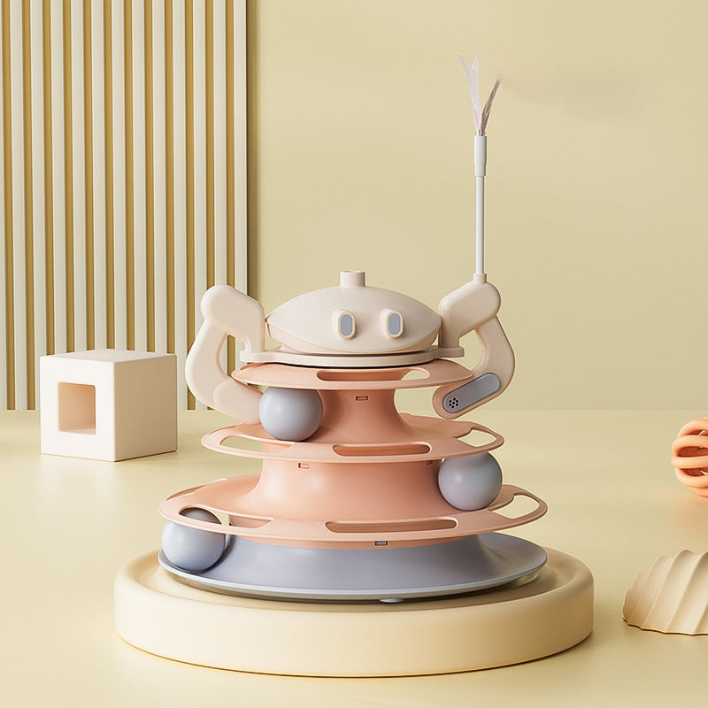 HKM-8656573 Interactive Rotating Cat Toy with Feather, Food Dispenser, and Four-Layer Tower