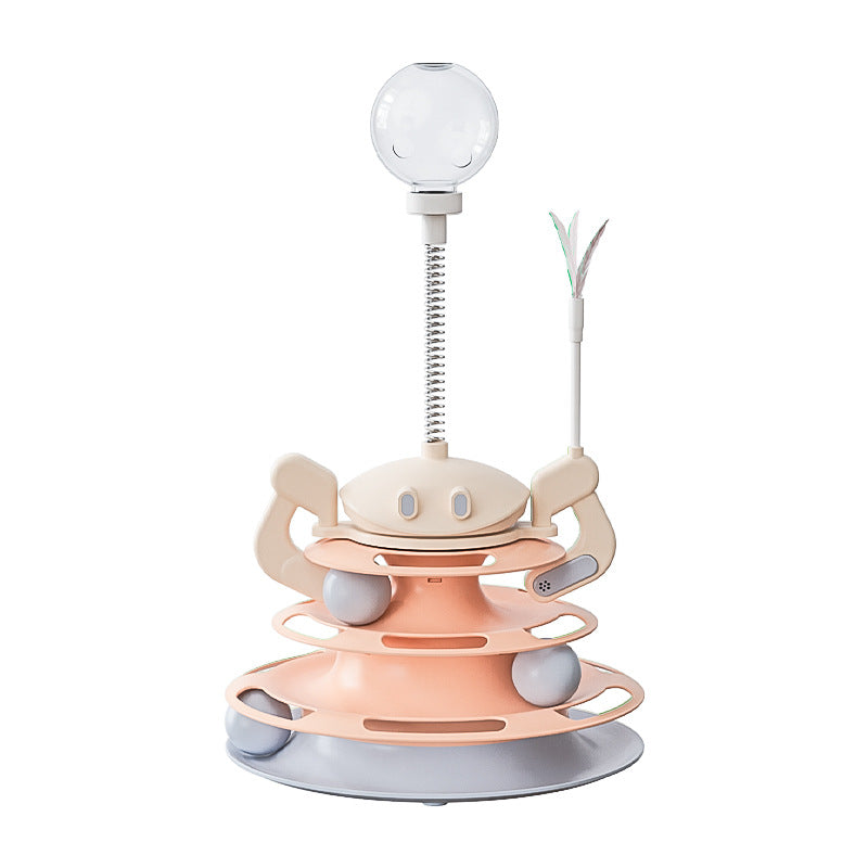 HKM-8656573 Interactive Rotating Cat Toy with Feather, Food Dispenser, and Four-Layer Tower
