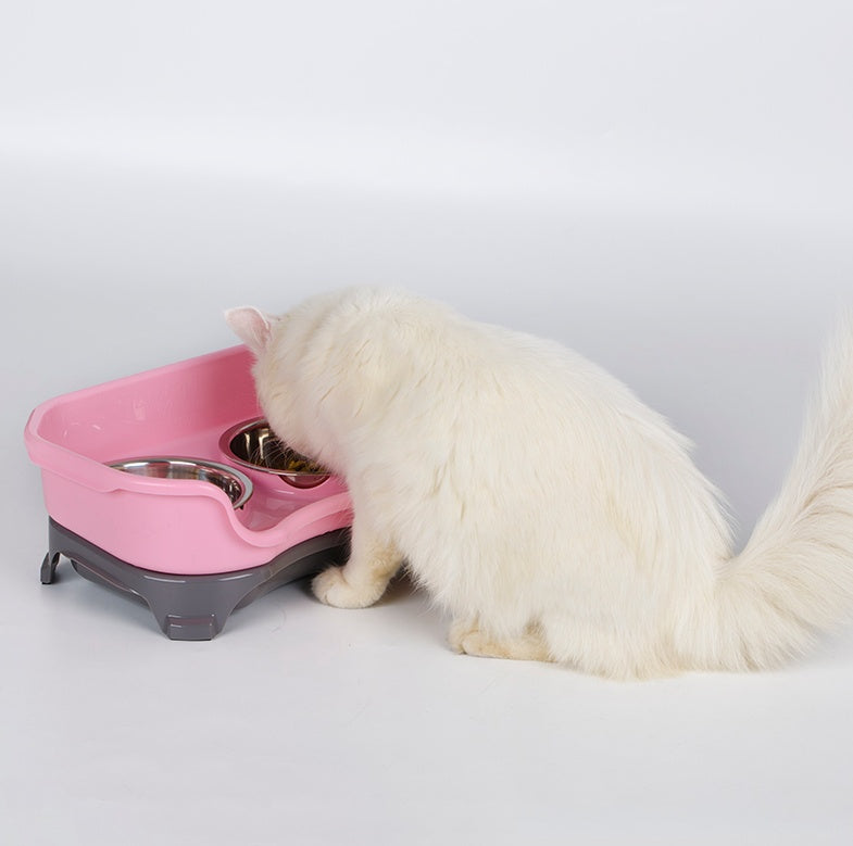 HKM-8657725 Double Basin Splash-Proof Pet Bowl Set - Stainless Steel Cat and Dog Food Dish