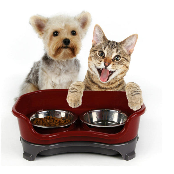 HKM-8657725 Double Basin Splash-Proof Pet Bowl Set - Stainless Steel Cat and Dog Food Dish