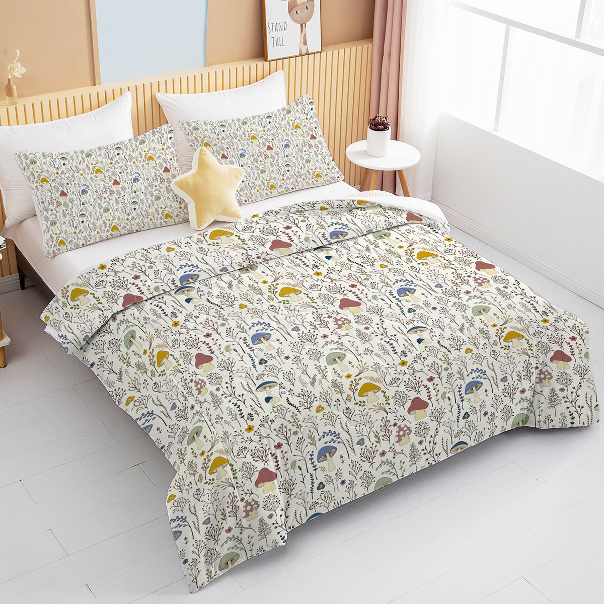 HKM-866259 Mushroom Print Microfiber Comforter Set with Shams - Twin, Full, Queen, King Sizes Available