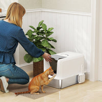 HKM-8662973 Stainless Steel Cat Litter Box with Removable Lid, Scoop, and Filter Bags for Cats Under 13 lbs - White