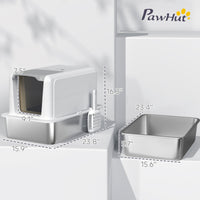 HKM-8662973 Stainless Steel Cat Litter Box with Removable Lid, Scoop, and Filter Bags for Cats Under 13 lbs - White