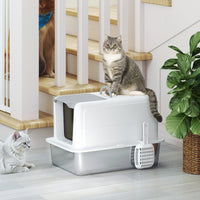 HKM-8662973 Stainless Steel Cat Litter Box with Removable Lid, Scoop, and Filter Bags for Cats Under 13 lbs - White