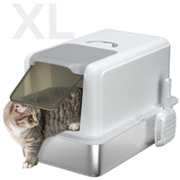 HKM-8662973 Stainless Steel Cat Litter Box with Removable Lid, Scoop, and Filter Bags for Cats Under 13 lbs - White