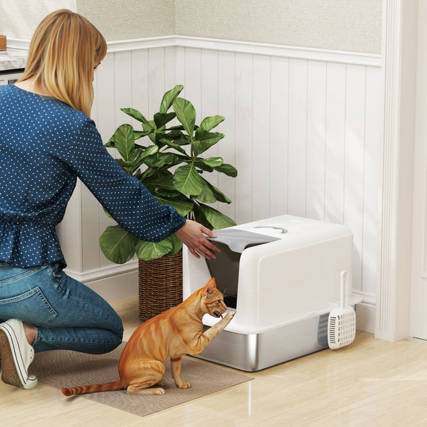 HKM-8662973 Stainless Steel Cat Litter Box with Removable Lid, Scoop, and Filter Bags for Cats Under 13 lbs - White